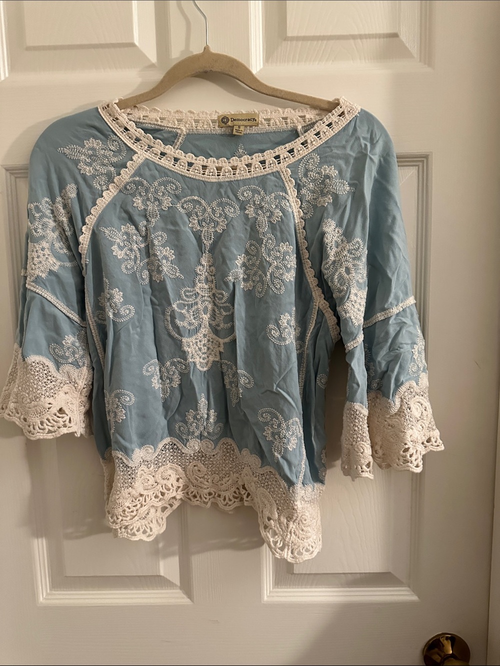 Democracy Light Blue Embroidered Crochet-Trim Blouse
